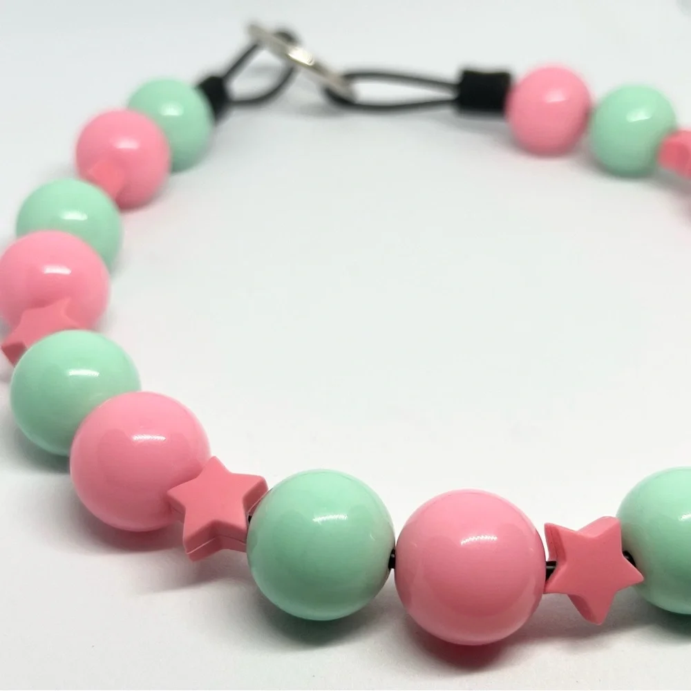 Watermelon Pink & Seafoam Green Beaded Dog Collar Necklace Size Medium